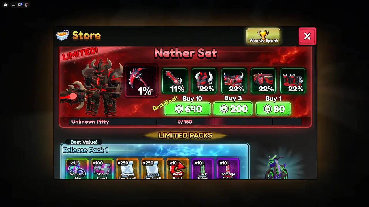 Store page showing the Nether Set with Buy 10, Buy 3 and Buy 1 pack options