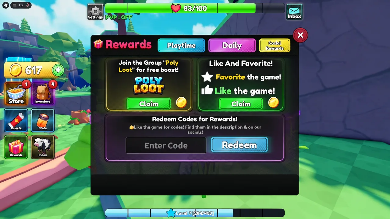 Rewards menu open on the Enter Code text field with the Redeem button below it