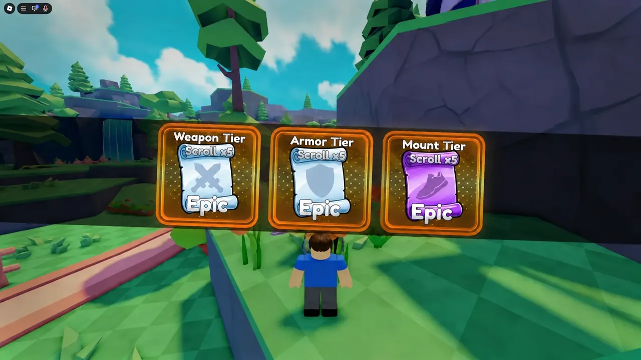 Reward selection screen offering Weapon Tier, Armor Tier and Mount Tier Scroll x5 cards