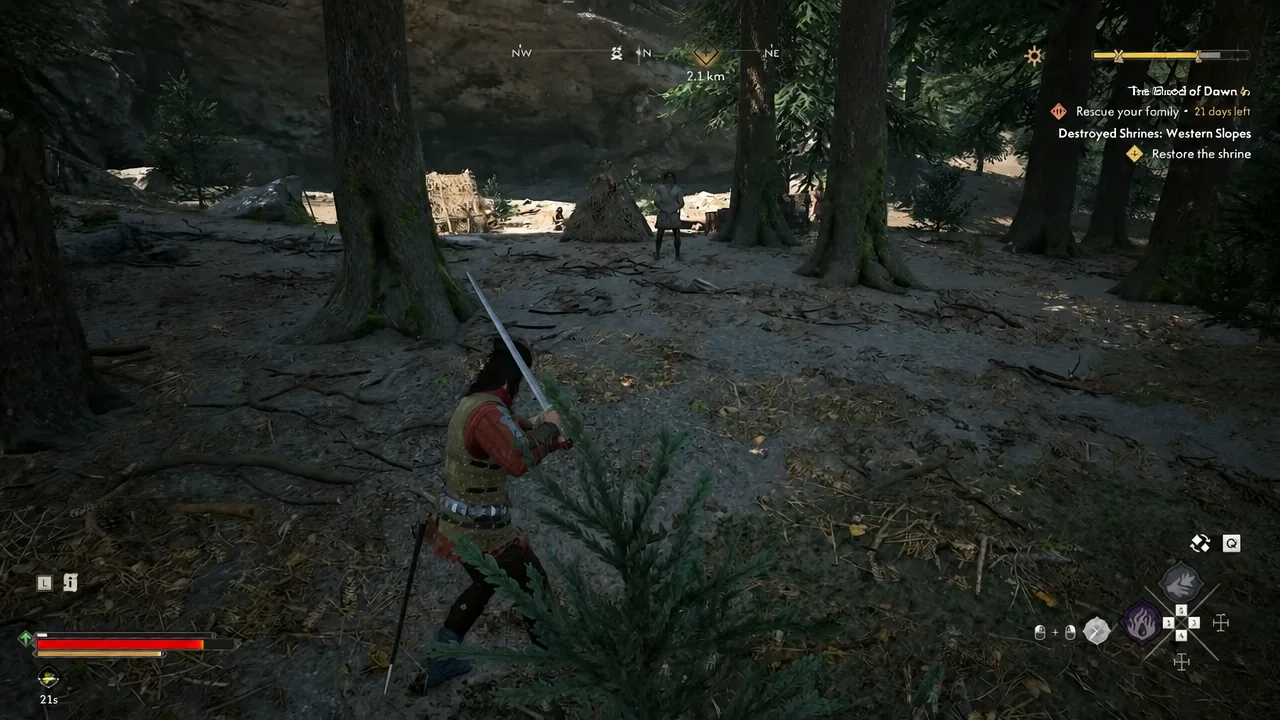 Player character with sword drawn advancing on a tracked objective marker