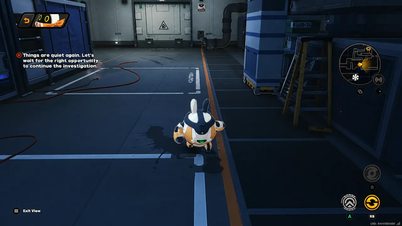 Player character holding position inside the Porcelloy Research Institute with the Exit View control on screen
