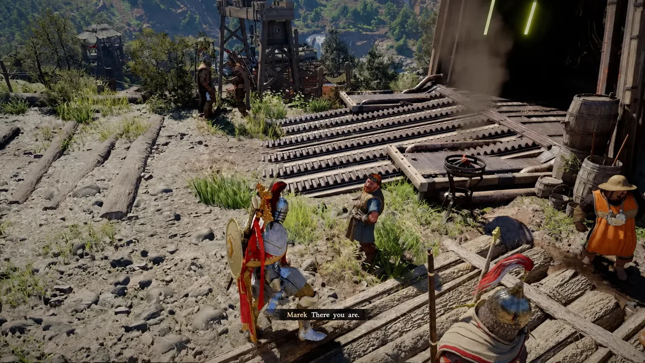 Marek greets the player beside the workshop machinery in Gorthak