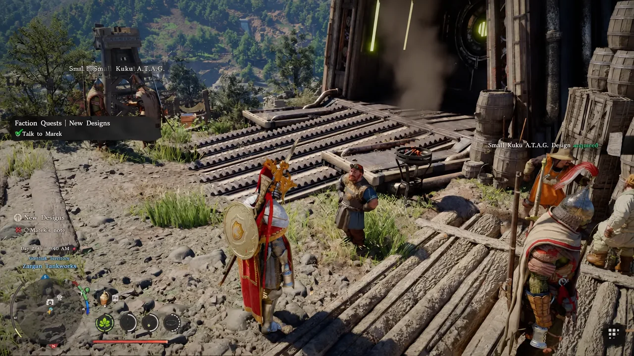 Quest tracker showing the Talk to Marek objective completed under New Designs