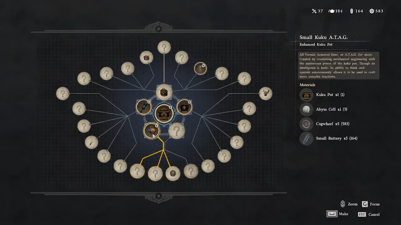 Small Kuku A.T.A.G. crafting node selected with the Make option and material list on screen