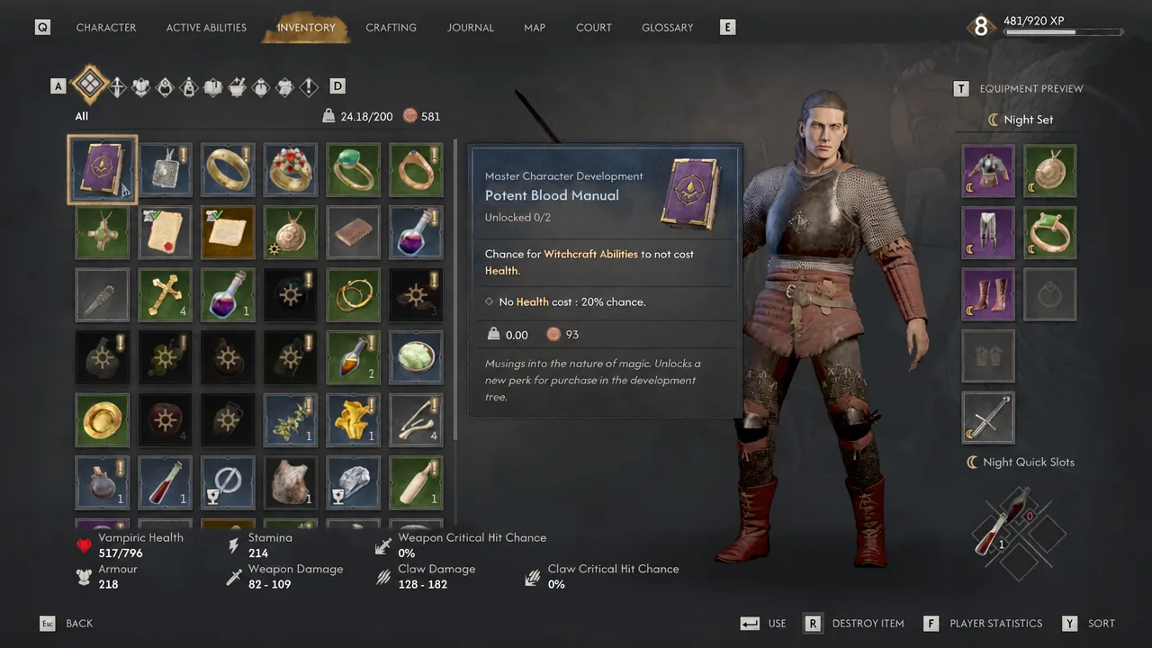 Inventory screen with the Potent Blood Manual selected and its perk details shown