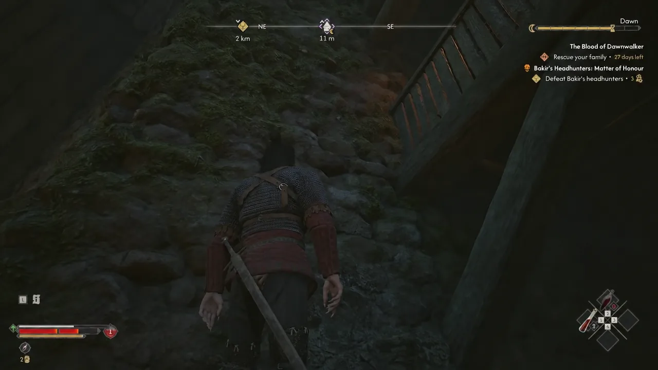 Character climbing through a rocky passage with the headhunter quest tracked on the HUD