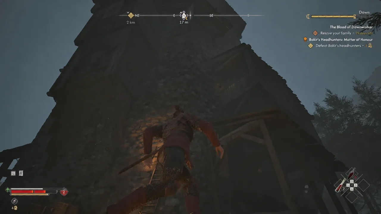 Player scaling the tower exterior with a 17 m objective marker on the compass