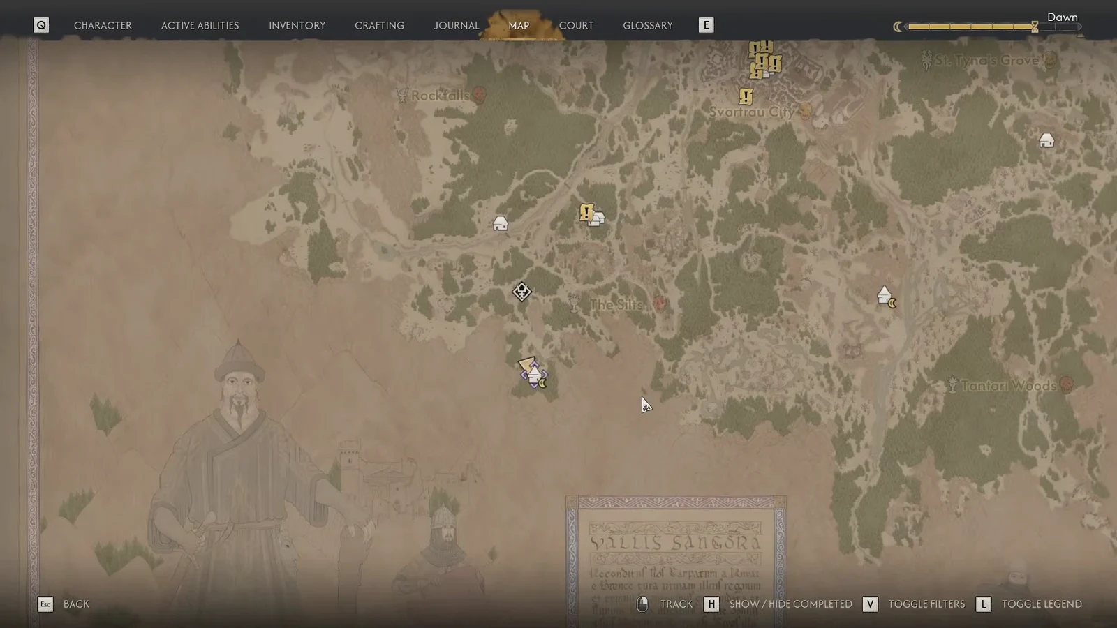 World map open on The Silts region with settlement and player markers visible