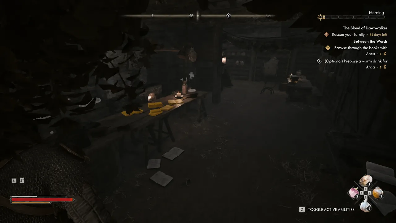 Quest tracker showing Browse through the books with Anca while Coen searches the dark cabin