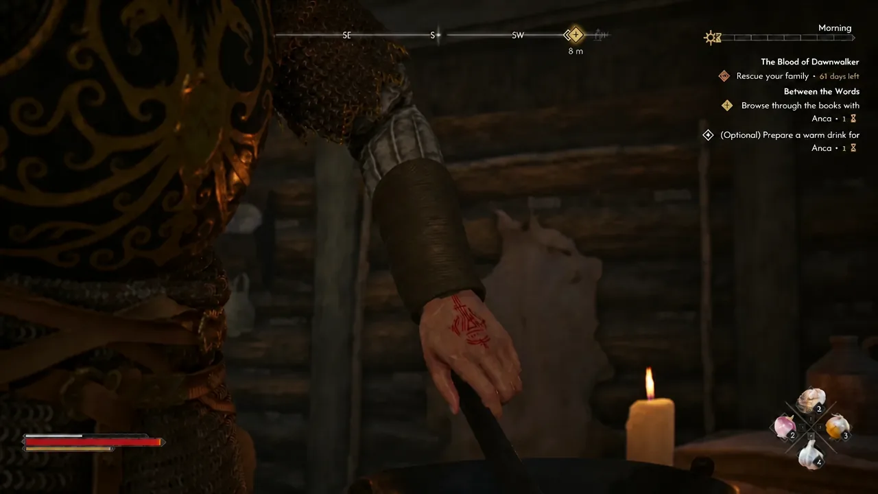 Between the Words objective still active as Coen examines an object by candlelight in the cabin