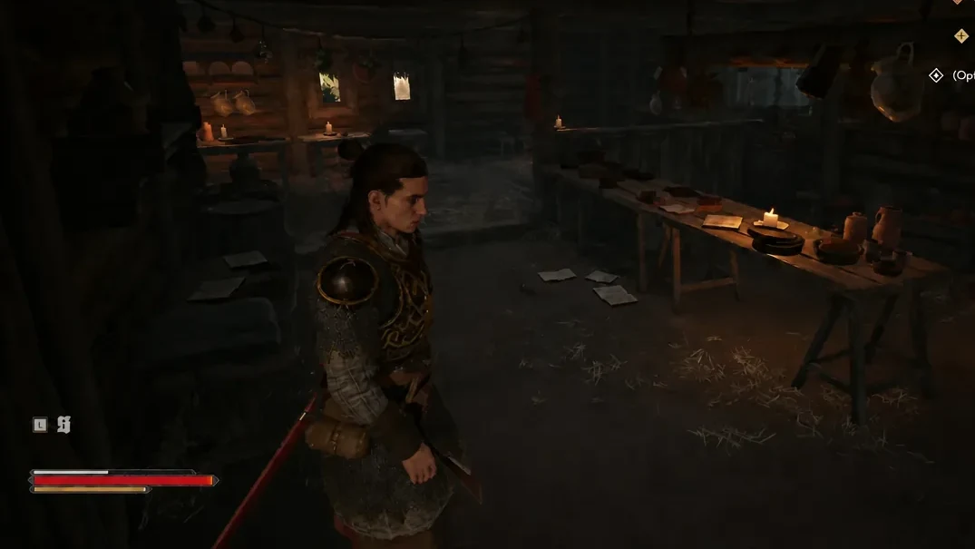 Coen standing in the candlelit cabin interior during Between the Words with an interaction prompt on screen