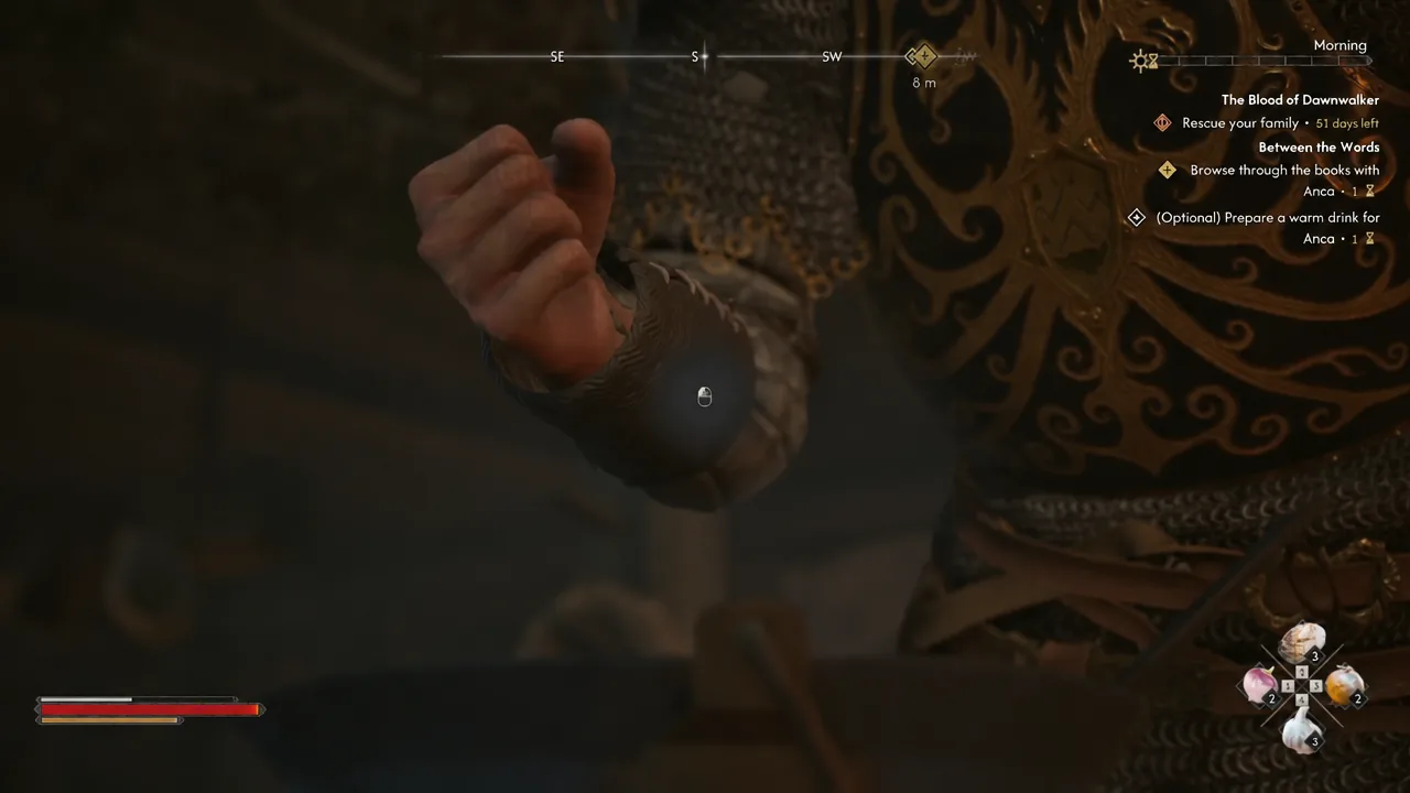 Centred mouse button prompt shown as Coen commits to the pot interaction