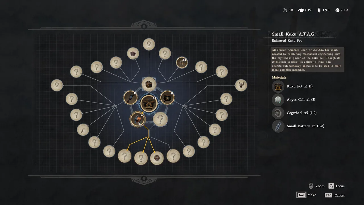 Small Kuku A.T.A.G. recipe screen listing the Kuku Pot, Abyss Cell, Cogwheel and Small Battery costs