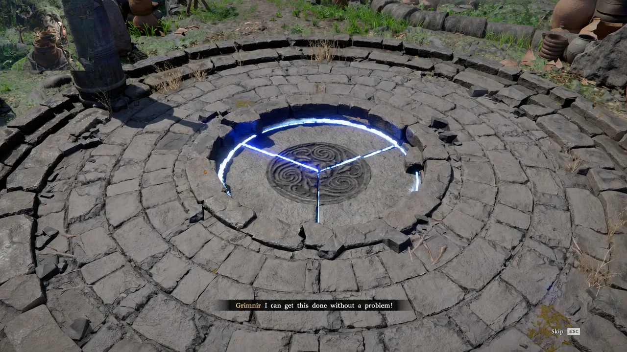 Grimnir activating a circular stone mechanism with glowing blue rune segments during the crafting cutscene