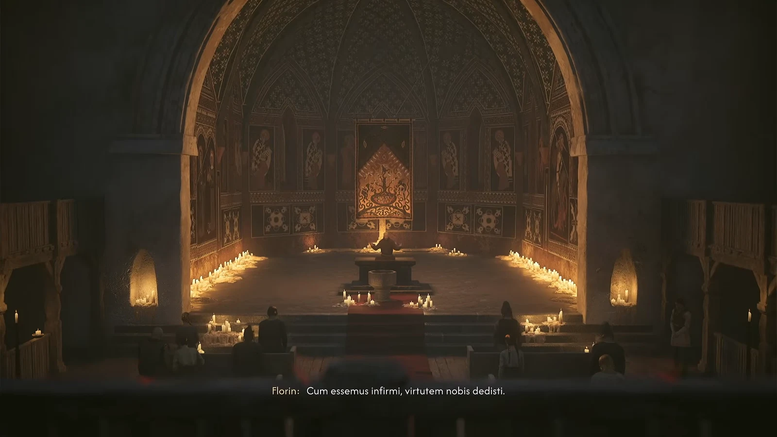 Brencis in spiked armor standing at the altar while Florin chants in Latin