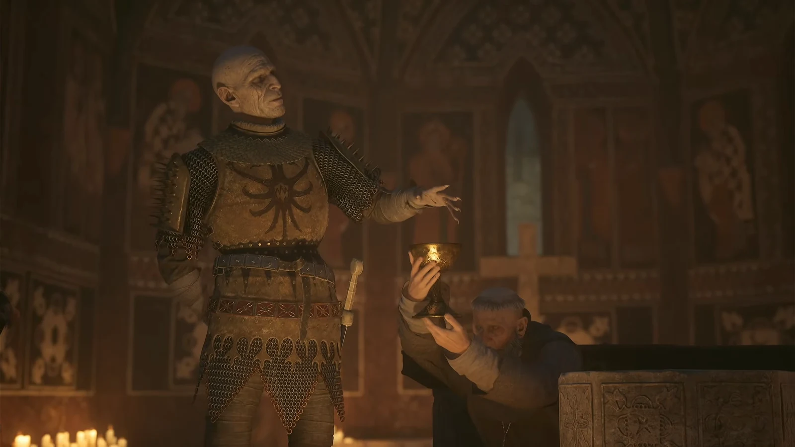 Brencis cutting his hand to drip blood into a golden chalice held at the altar