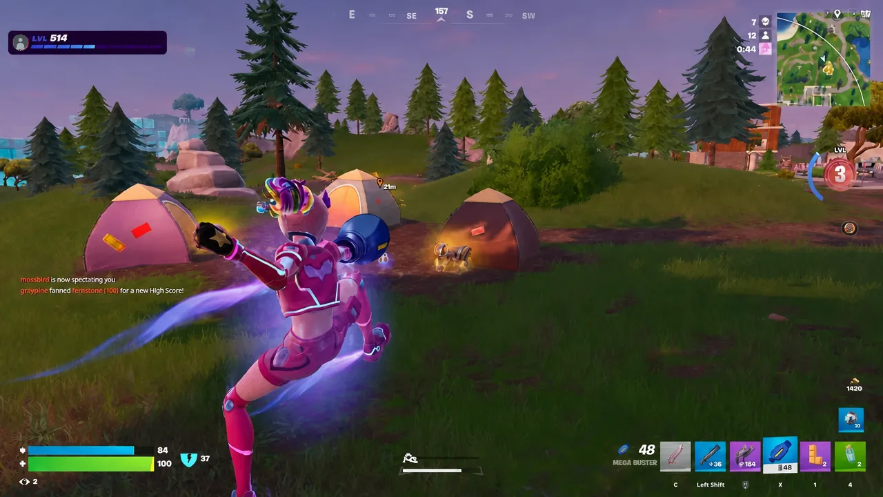 Fortnite player with the Mega Buster equipped running toward a glowing chest between tents