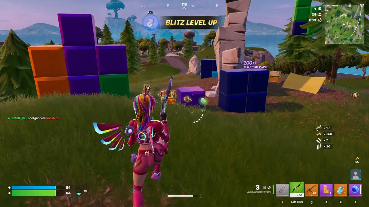 Fortnite HUD showing a Blitz Level Up notification as a new storm phase begins