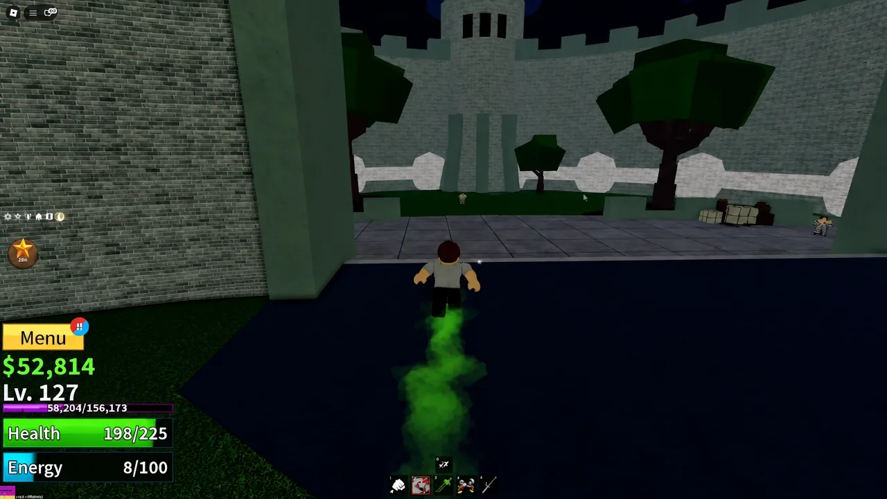 Avatar heading toward the Prison keep with the on-screen Menu button visible