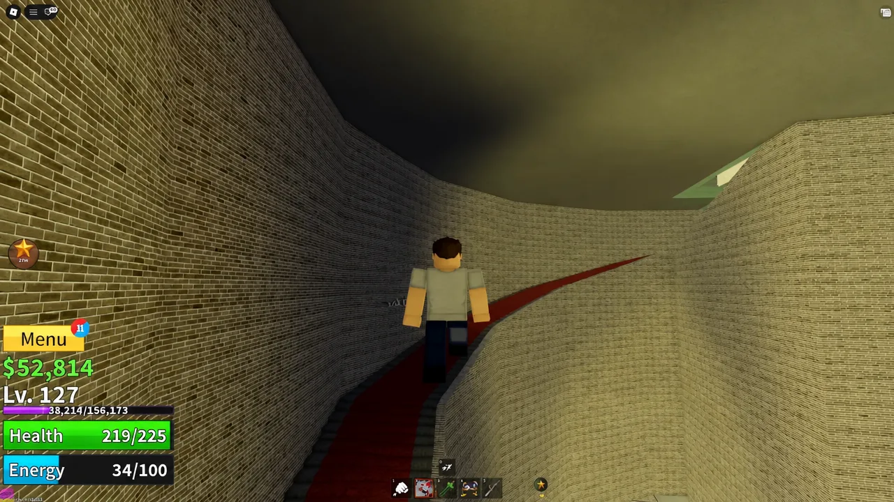 Player moving along a marked route through a brick-walled passage inside the prison tower