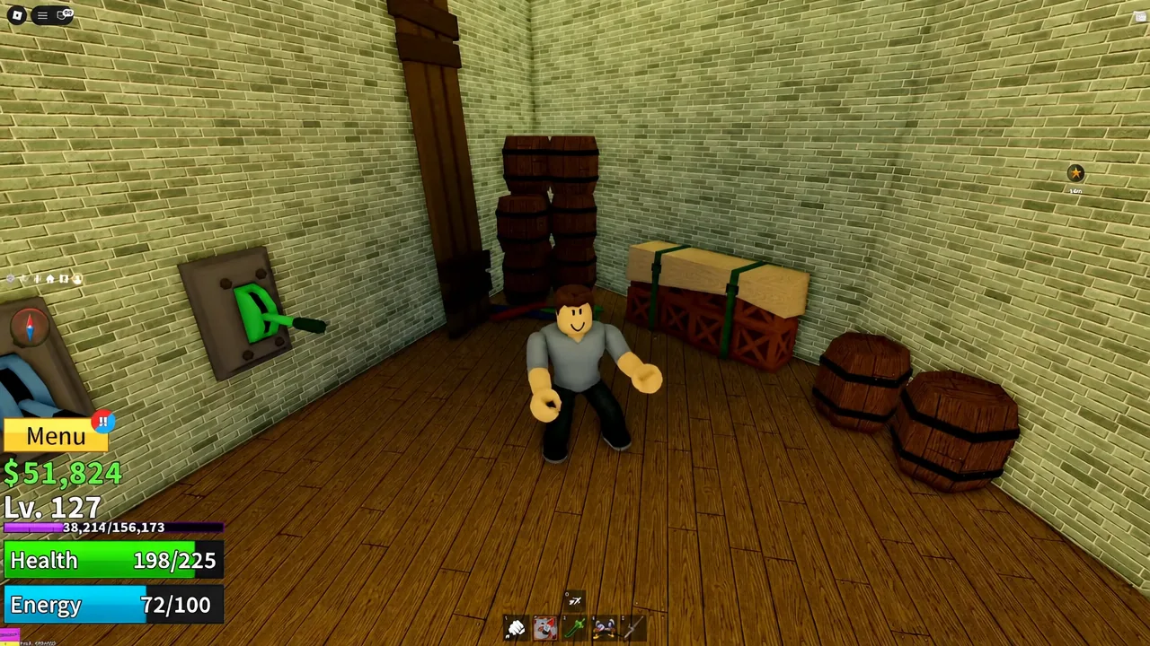 The green lever on the prison wall as the player moves in to pull it