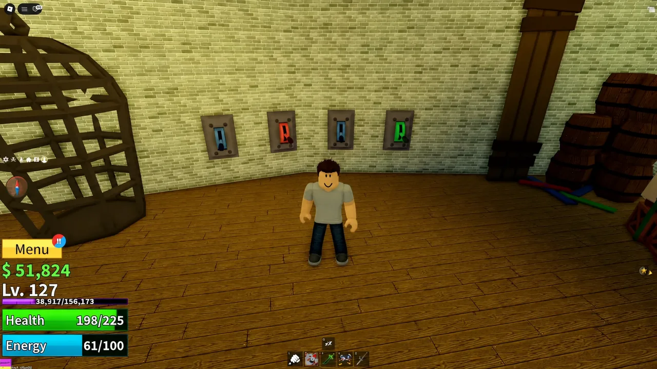 Player positioned in front of the four colored prison switches ready to pull the first lever