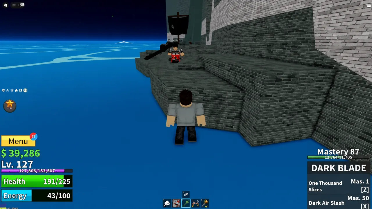 Player approaches an Escaped Prisoner on a brick platform with a sword equipped in the hotbar