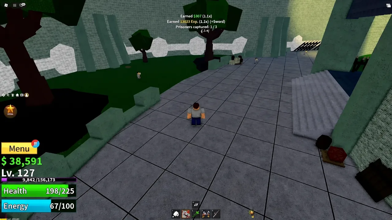 Player character crossing the tiled Prison courtyard while searching for an Escaped Prisoner