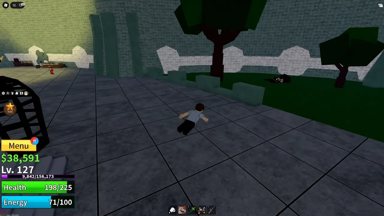 Player running along the Prison courtyard wall toward the cracked brick section