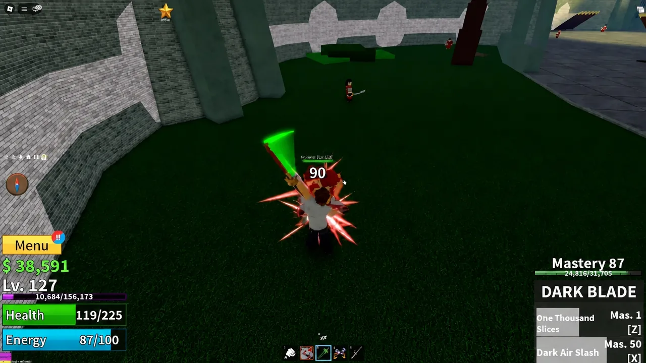 Damage number appears over an Escaped Prisoner as the player lands a sword hit