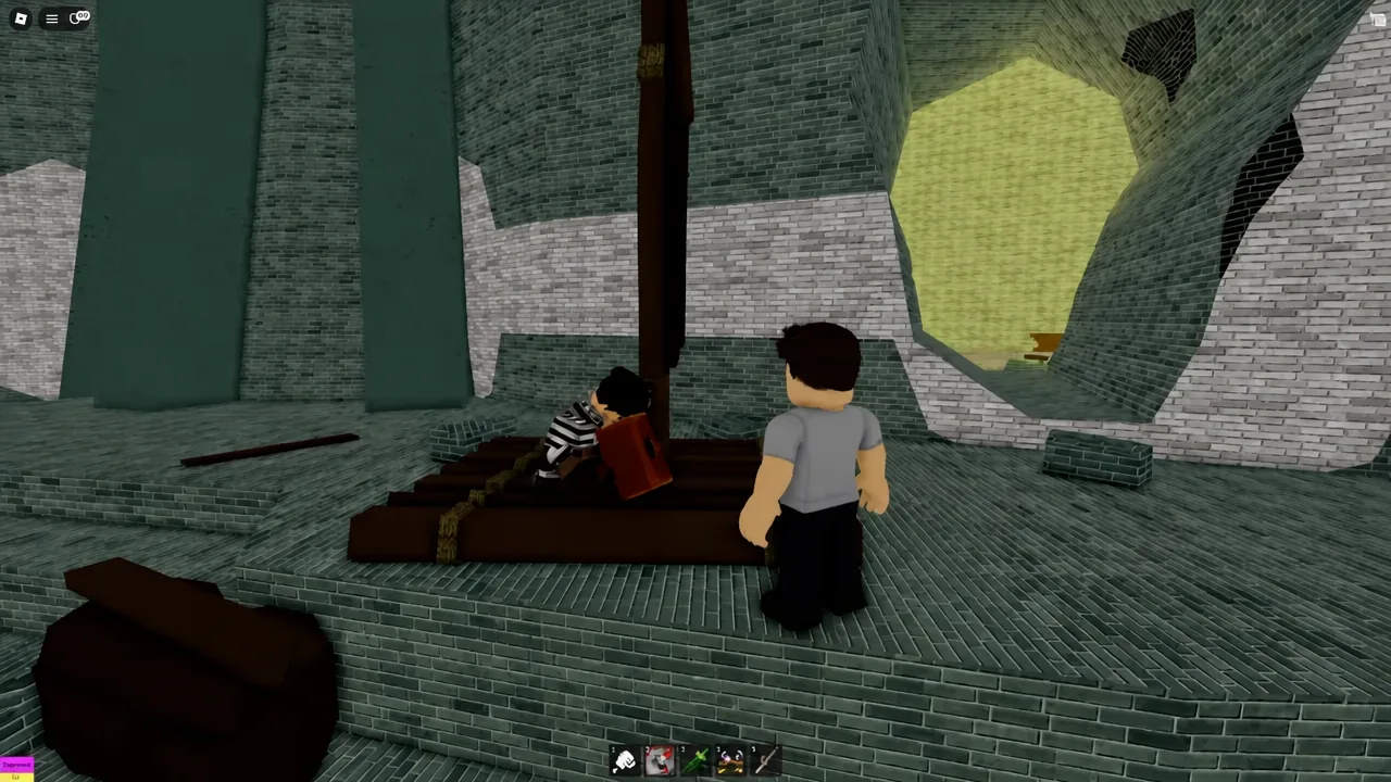 Player standing beside the third Escaped Prisoner and his wooden raft outside the Prison wall