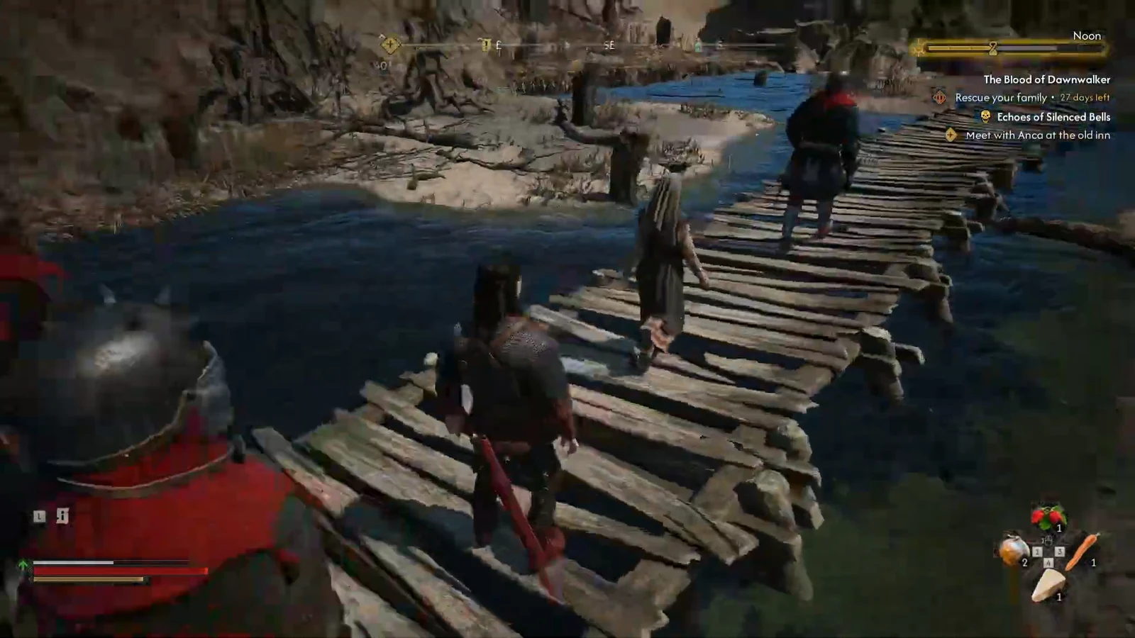 Coen crossing a wooden bridge with the rescue your family and meet Anca objectives listed on screen