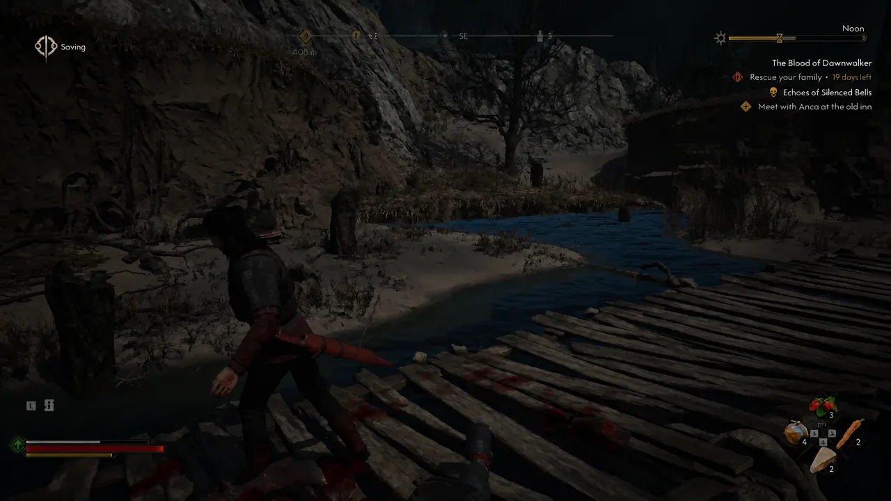The saving indicator appears on screen as the character moves along the wooden bridge