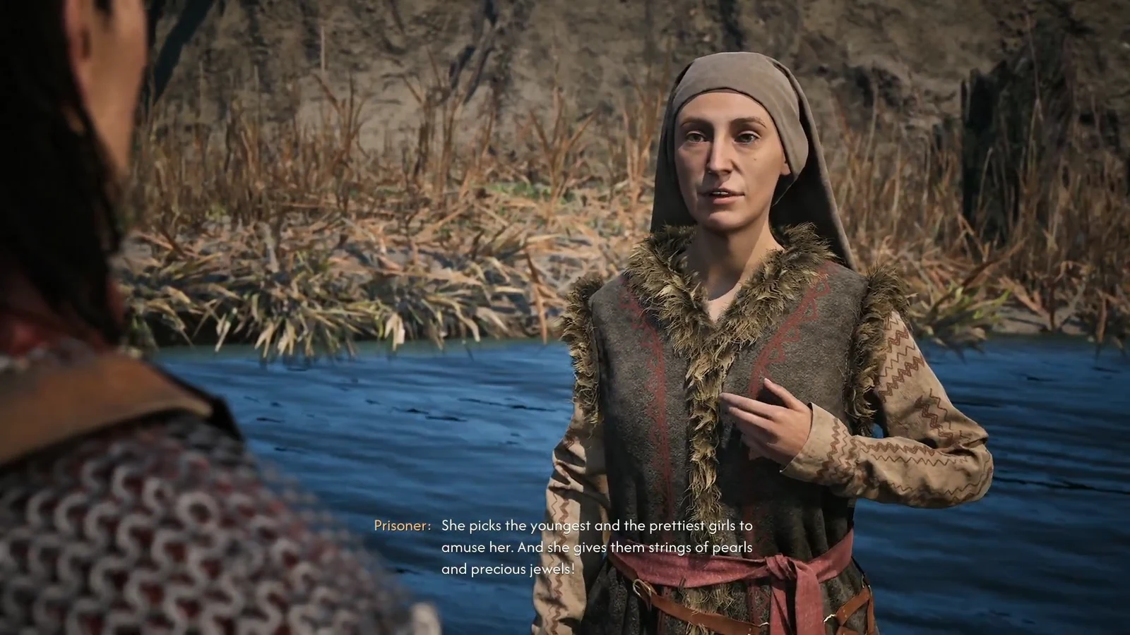 The freed prisoner speaks with Coen beside the river and explains that girls are chosen and given jewels