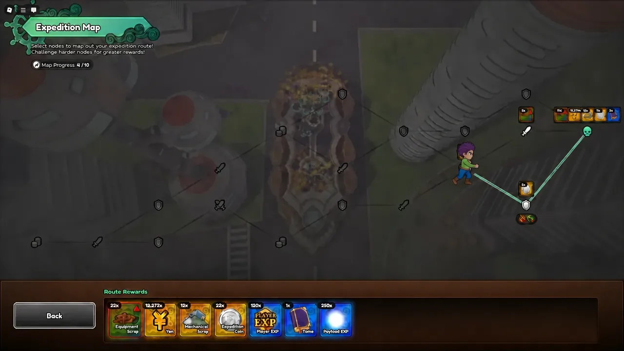 Expedition Map screen with the Back button highlighted after reviewing route rewards
