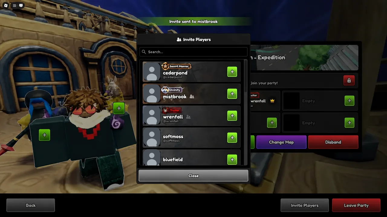 Invite Players dialog with the plus button used to send a party invite for the expedition
