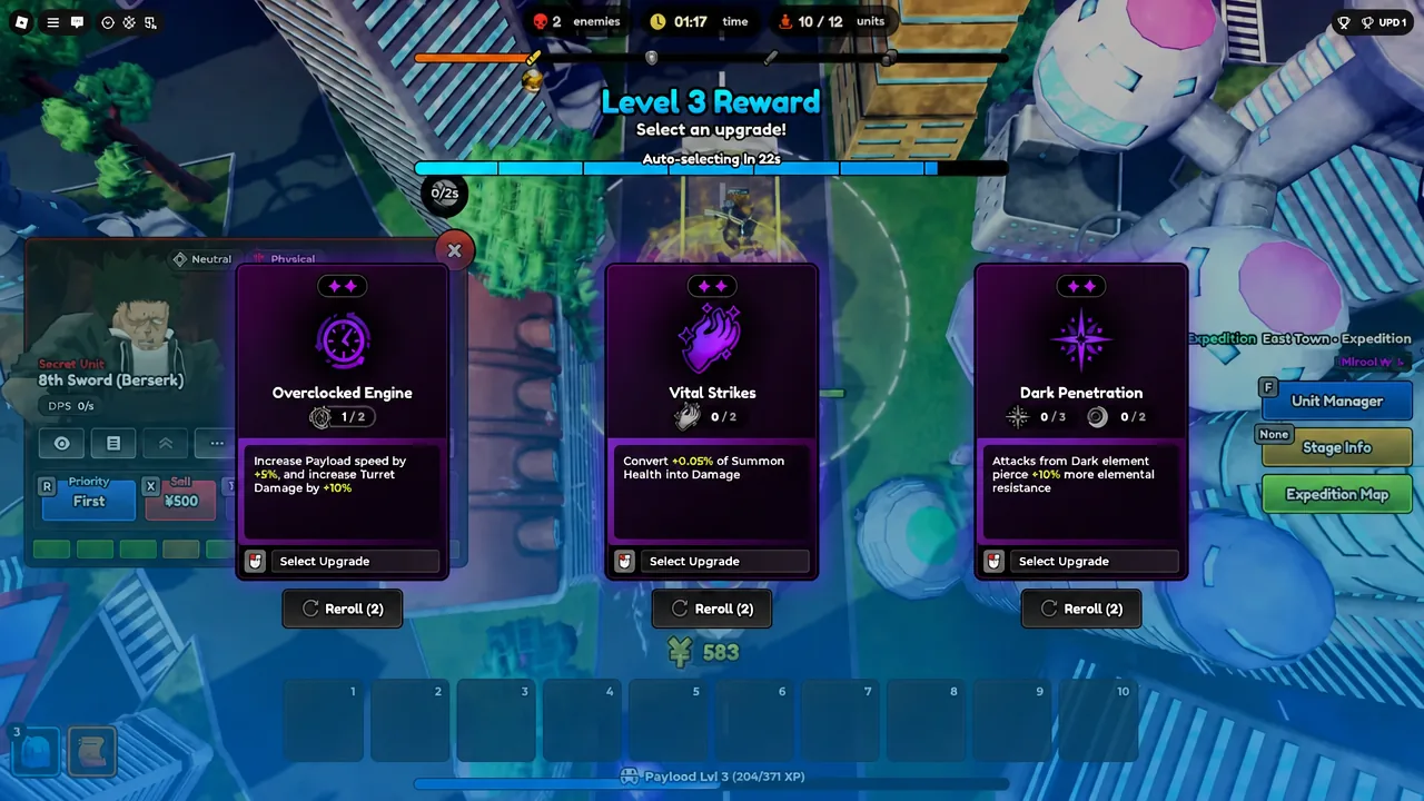 Level 3 Reward screen showing Overclocked Engine, Vital Strikes, and Dark Penetration cards