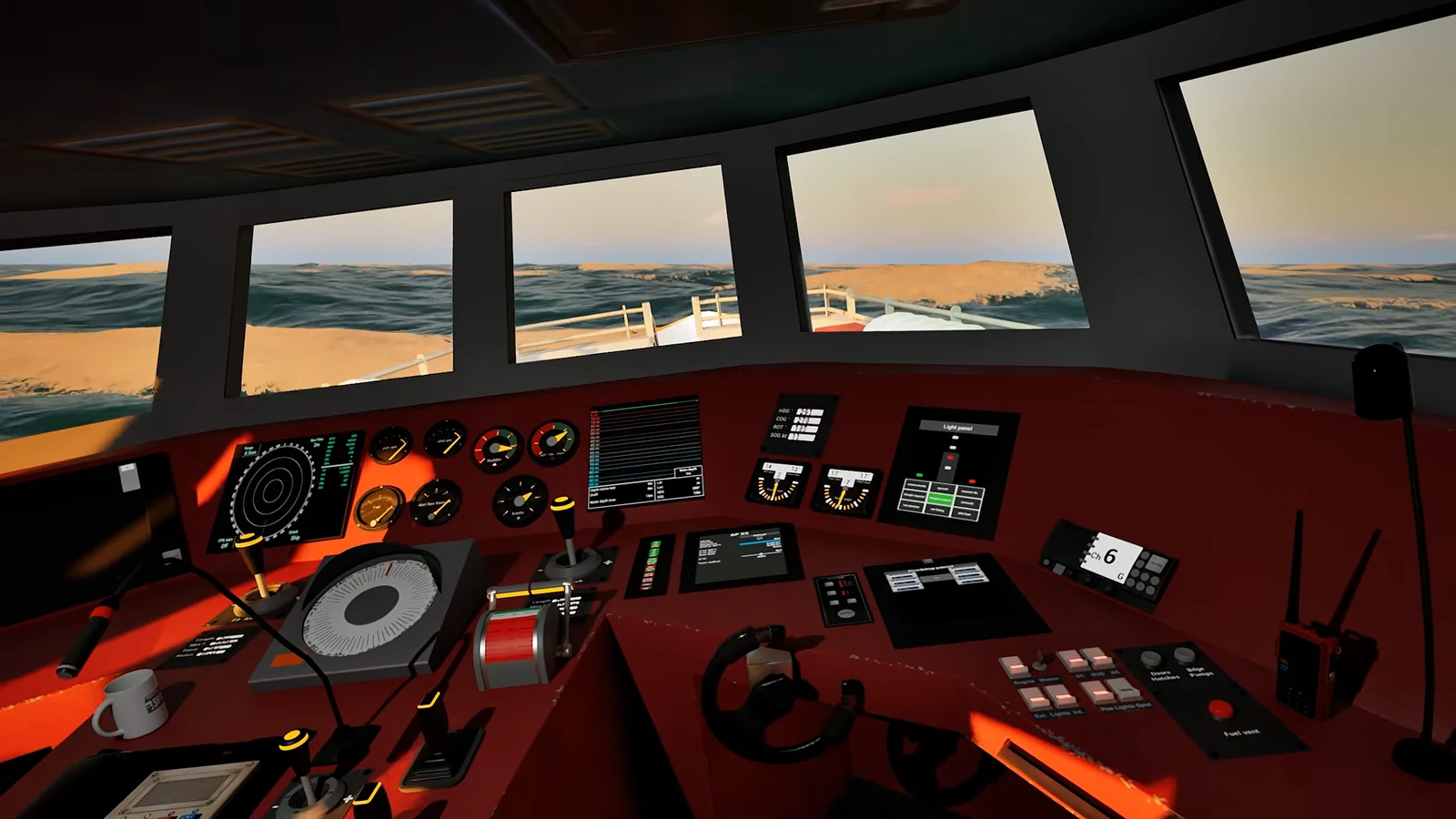 Ship bridge interior with radar display, gauges and engine controls while underway in open water