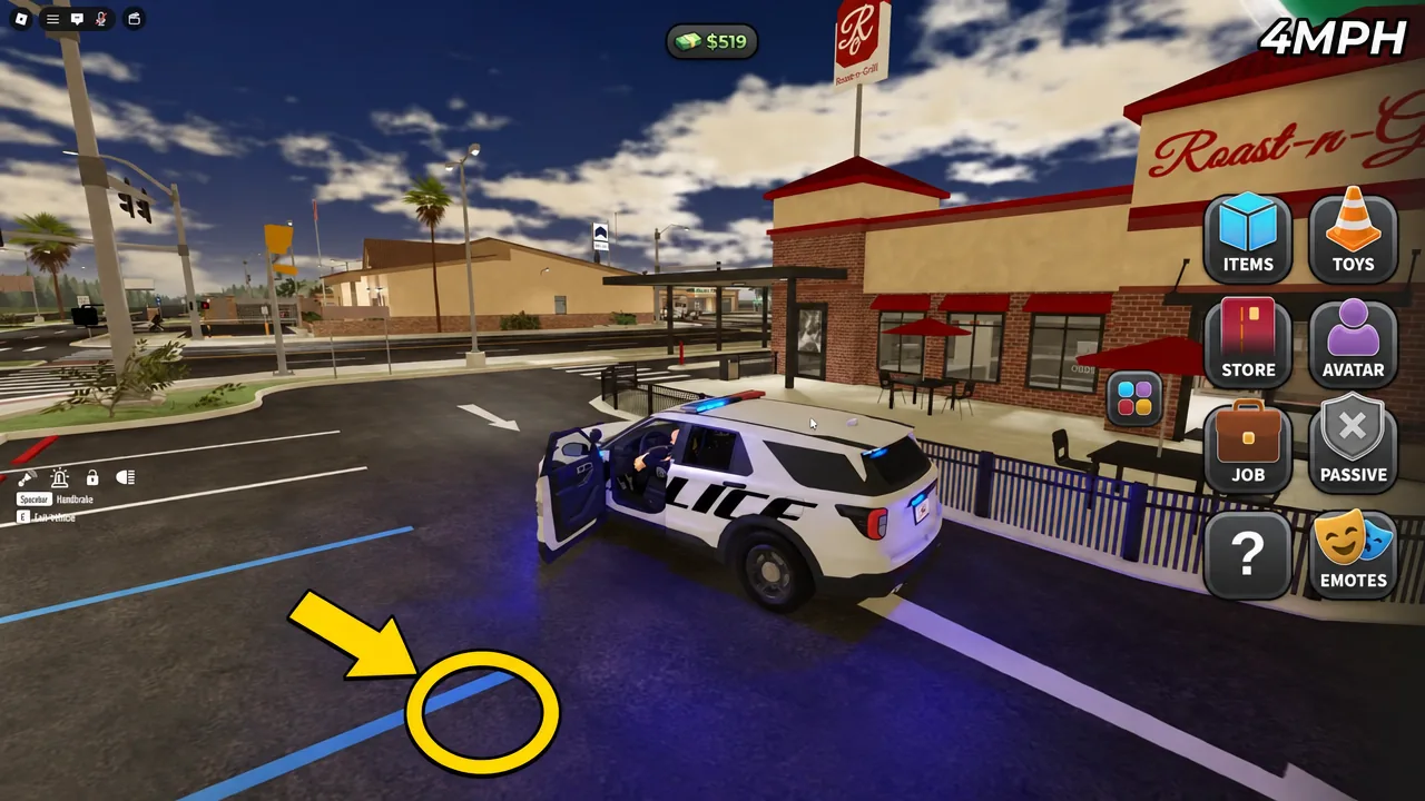 Driving a police vehicle through Project 12's streets while looking for wanted players