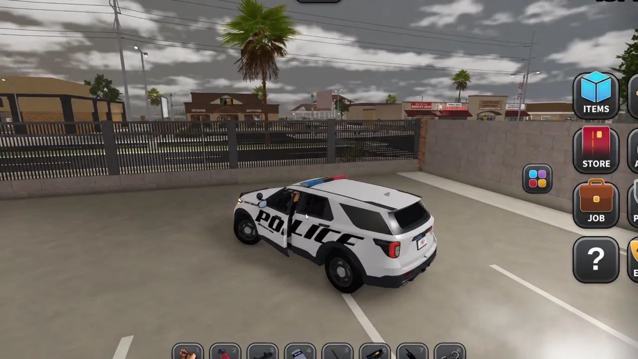 Player character standing next to a police cruiser with the JOB button showing on the right side of the screen