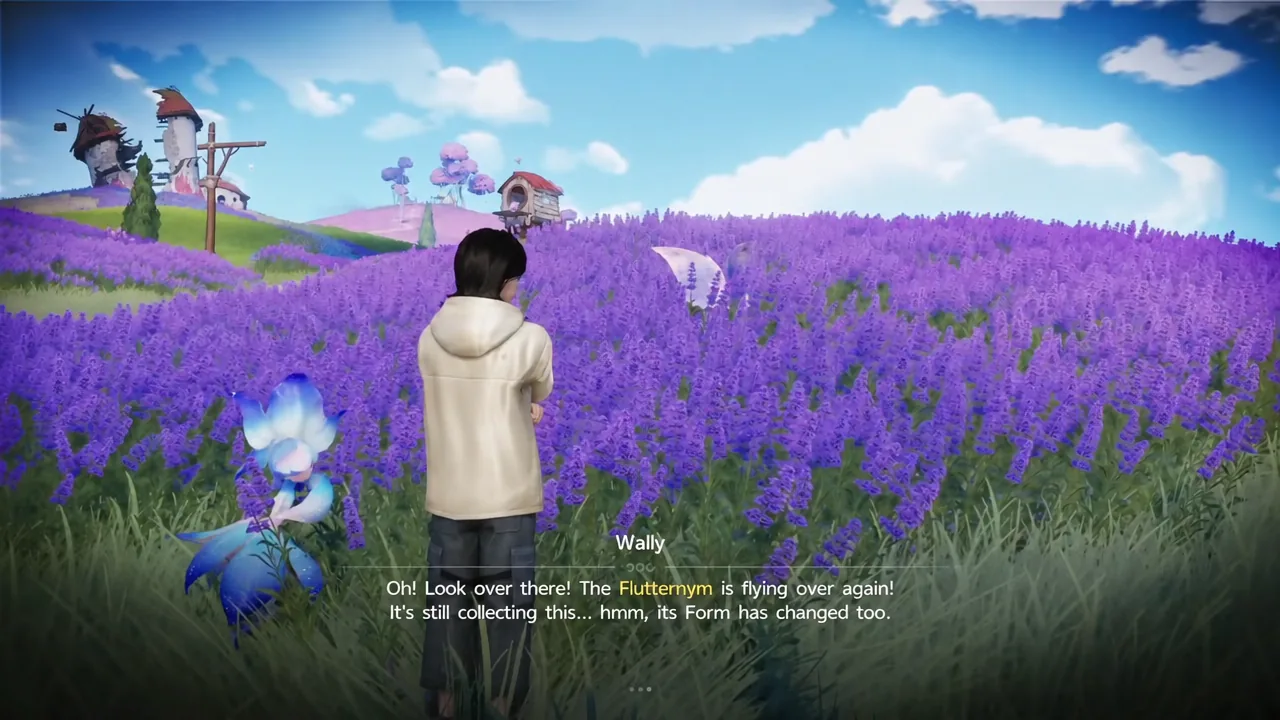 Wally's dialogue highlights a Flutternym flying above the Sea of Flowers