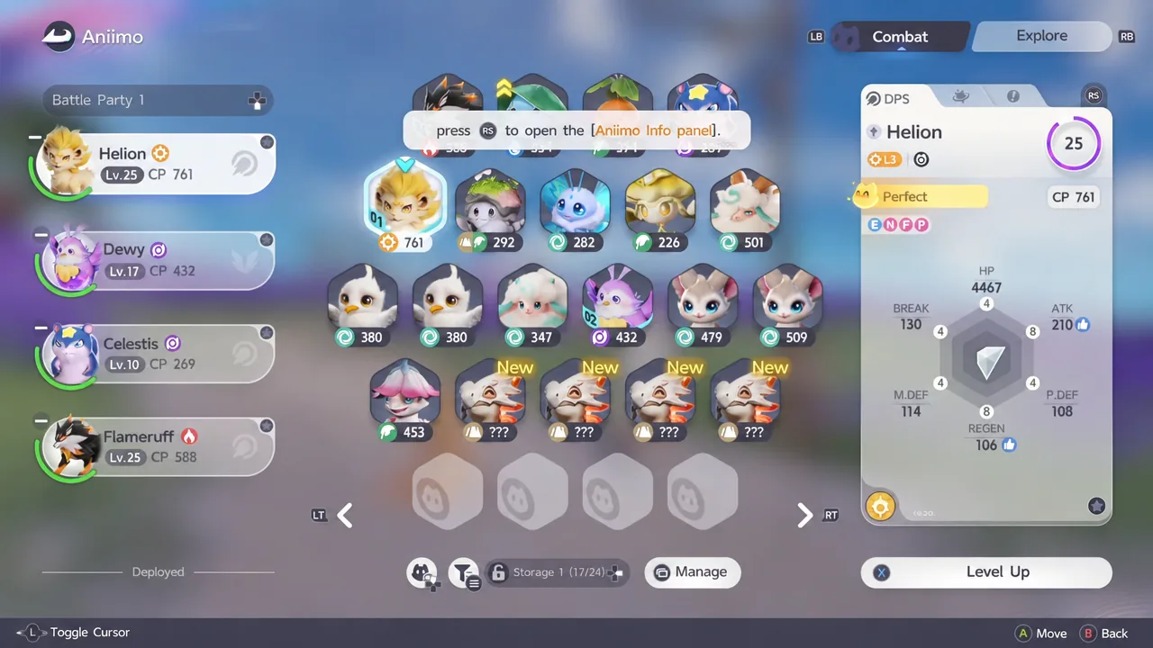 Helion highlighted in Battle Party 1 with a prompt to open the Aniimo Info panel