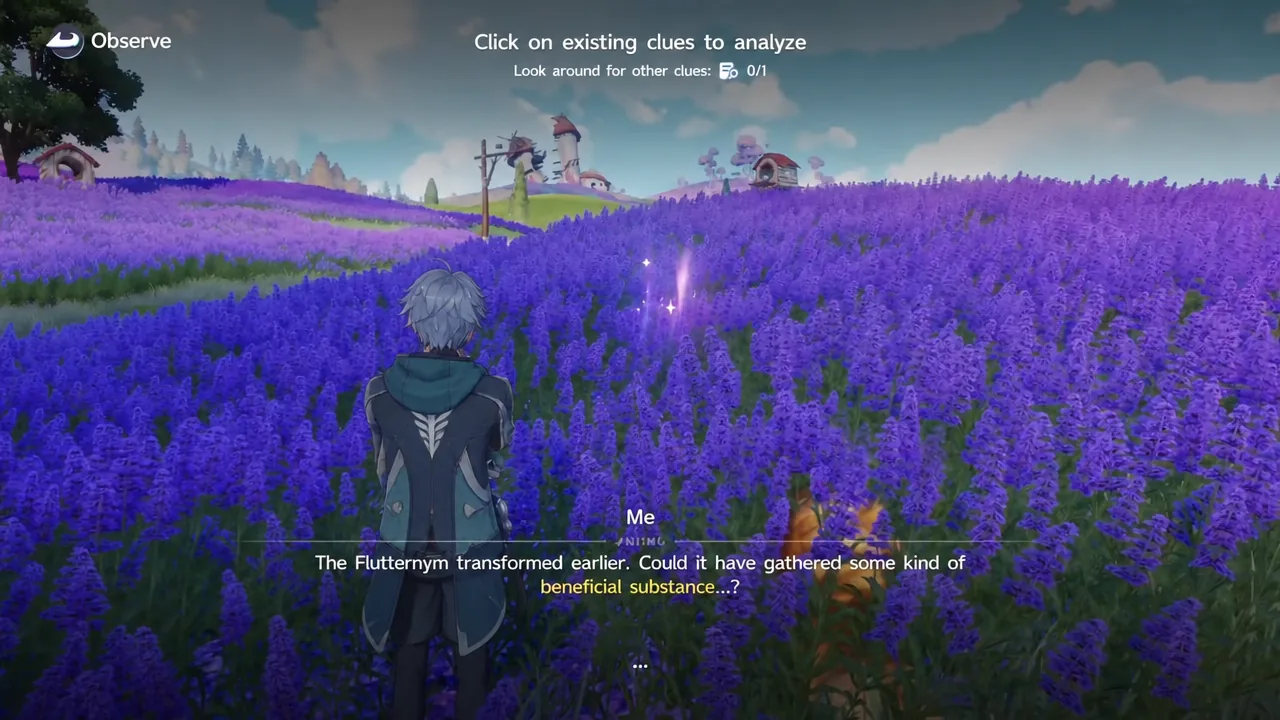 The Observe screen highlights a glowing clue bubble in the flower field