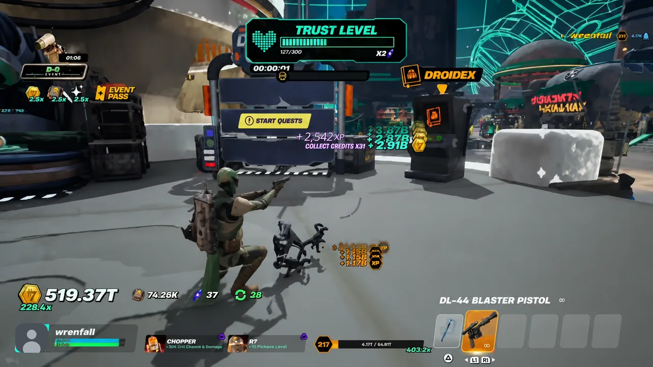 Droidex screen in Star Wars Droid Tycoon with the Start Quests button highlighted