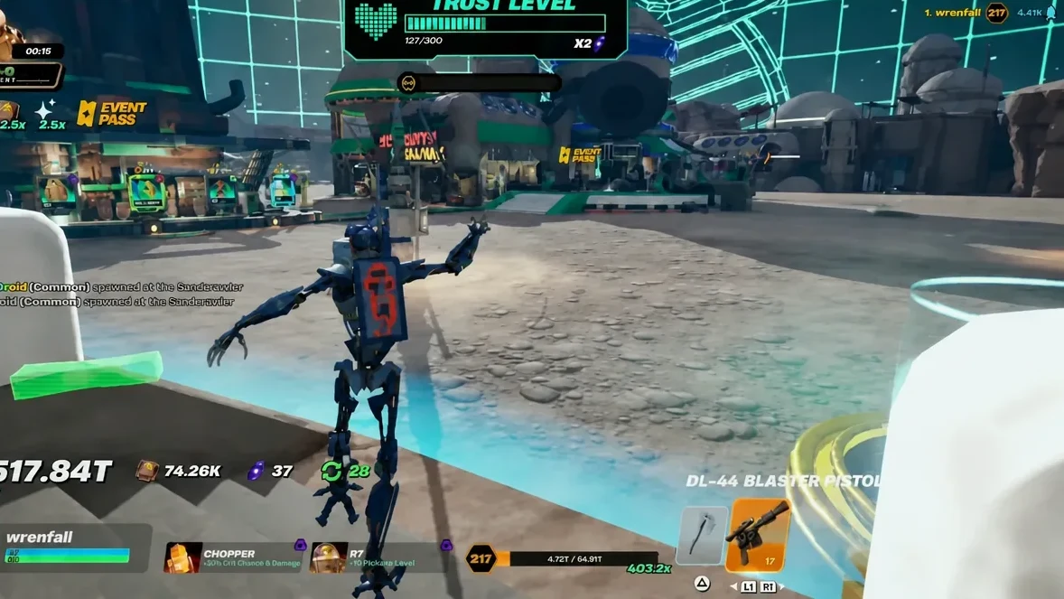 Droid Tycoon gameplay HUD with the DL-44 Blaster Pistol slot highlighted while exploring the base