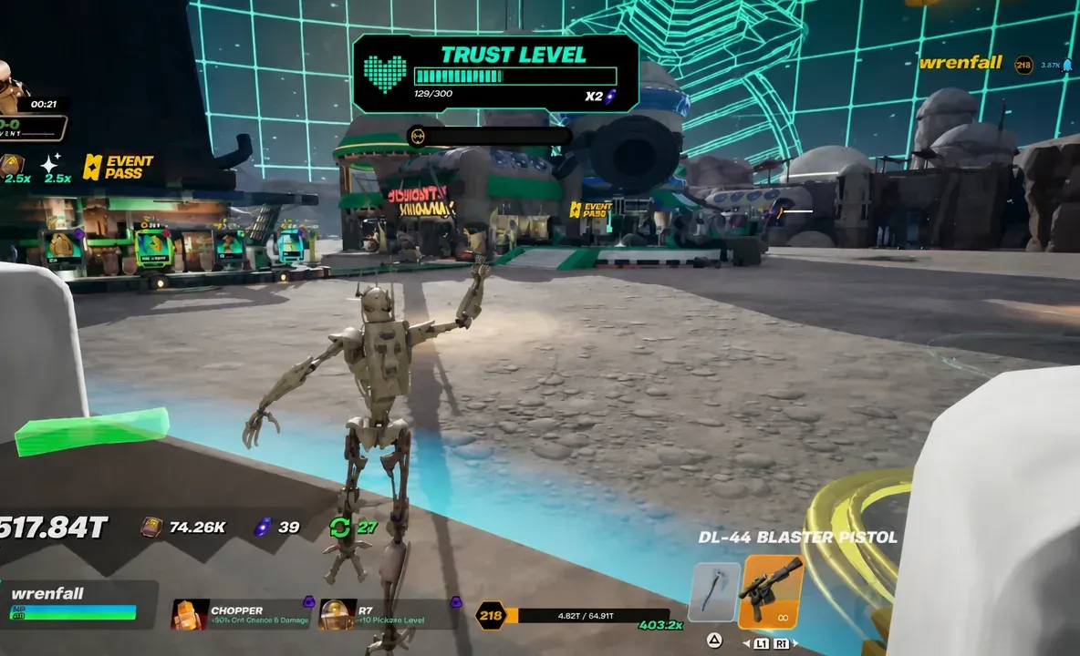 Trust Level panel open in Droid Tycoon with the DL-44 Blaster Pistol equipped in the weapon bar