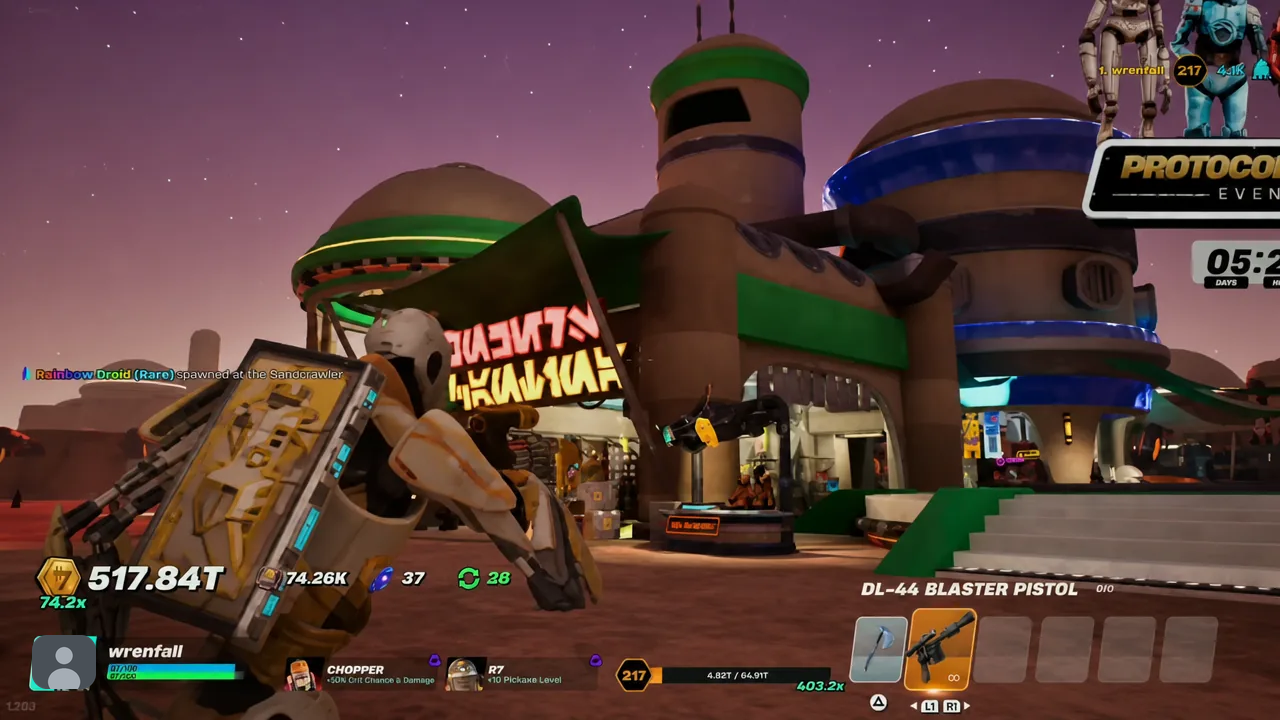 Star Wars Droid Tycoon gameplay with the DL-44 Blaster Pistol equipped in the active weapon slot
