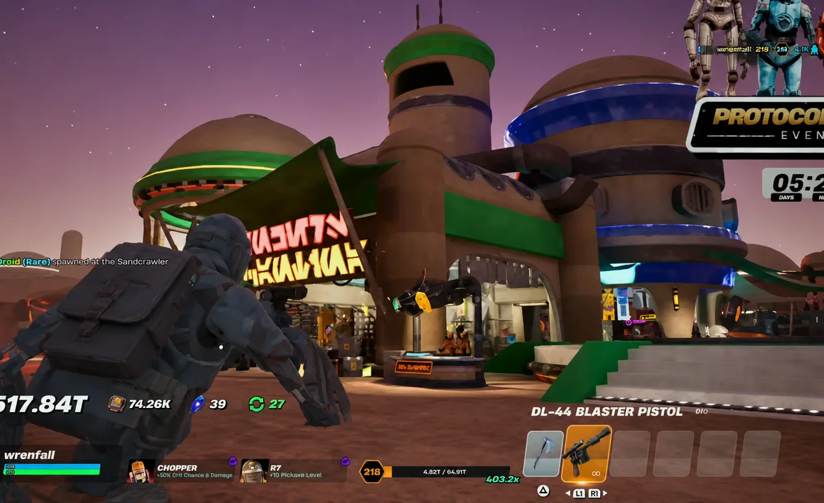 Player exploring the spaceport area of Droid Tycoon with the DL-44 Blaster Pistol in the weapon bar