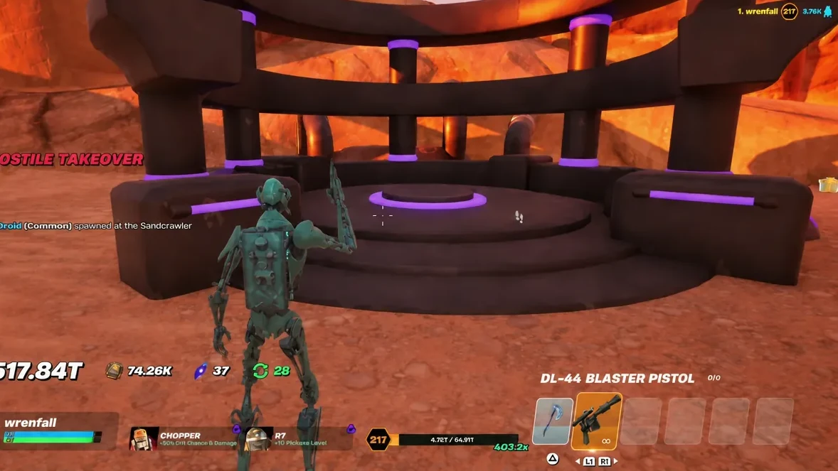 Player character in Droid Tycoon holding the DL-44 Blaster Pistol with the inventory slot highlighted