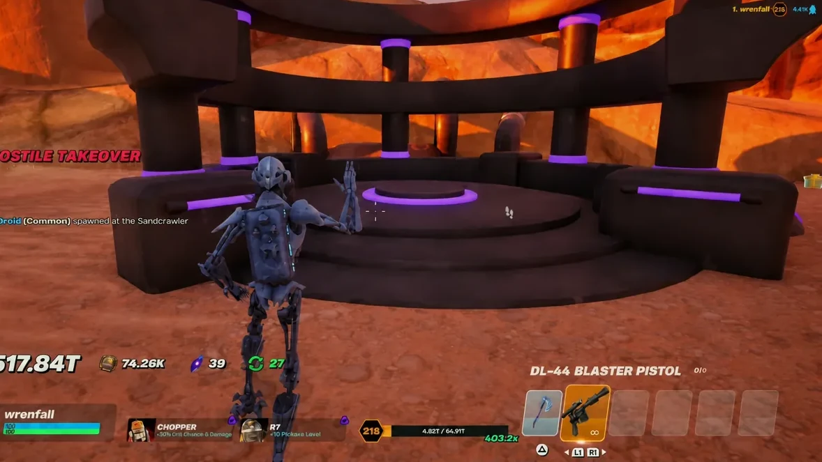 Player walking up to the purple-lit central platform of the Hostile Takeover structure in the desert